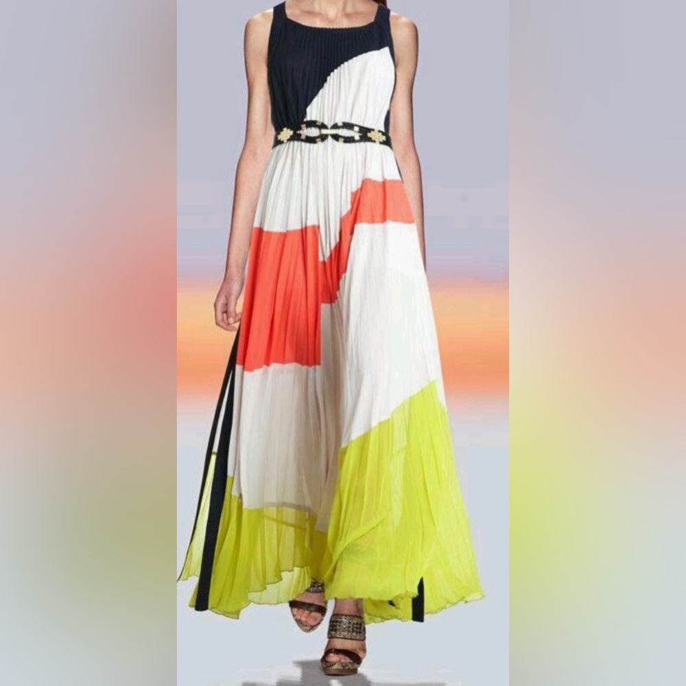 BCBG MAXRNWY Kamille.  floor length pleated multi color maxi, splits. Small .